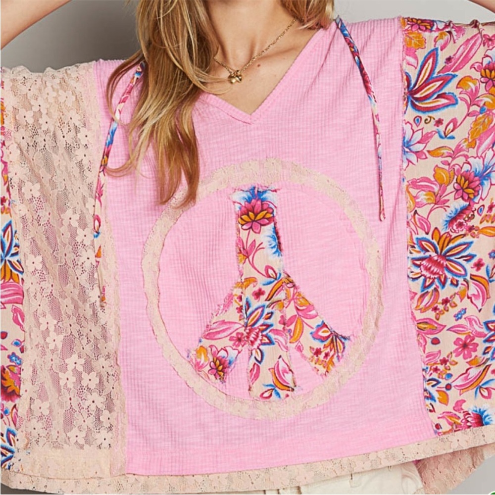 NEW POL Pink Blush Oversized Peace Sign Floral Mixed Media V-Neck Hoodie Top S